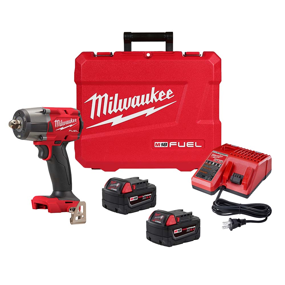 M18 FUEL&trade; 1/2 " Mid-Torque Impact Wrench w/ Pin Detent Kit - 0-2575 RPM, 450 Ft/Lb, Includes M18 FUEL&trade; 1/2" Mid-Torque Impact Wrench w/ Pin Detent (2962P-20), (2) M18 REDLITHIUM&trade; XC5.0 Resistant Battery Pack (48-11-1850R), M18 and M12 Multi-Voltage Charger (48-59-1812), Blow Molded Case