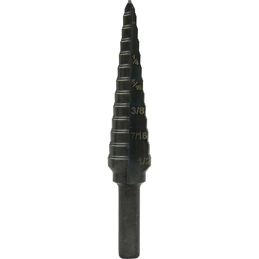 Greenlee GSB01 Step Drill Bits: 1/8" to 1/2" Hole Dia, 1/4" Shank Dia, Steel, 13 Hole Sizes 