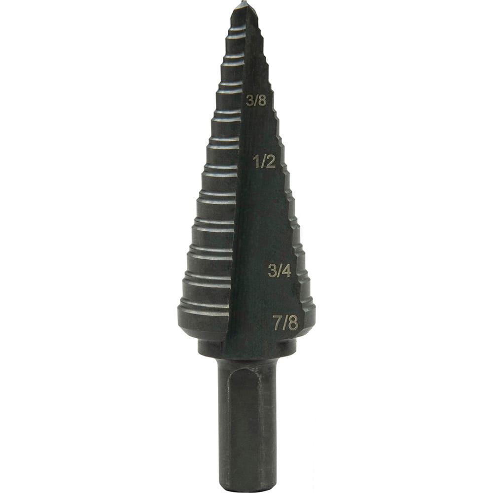 Greenlee GSB04 Step Drill Bits: 3/16" to 7/8" Hole Dia, 3/8" Shank Dia, Steel, 12 Hole Sizes 