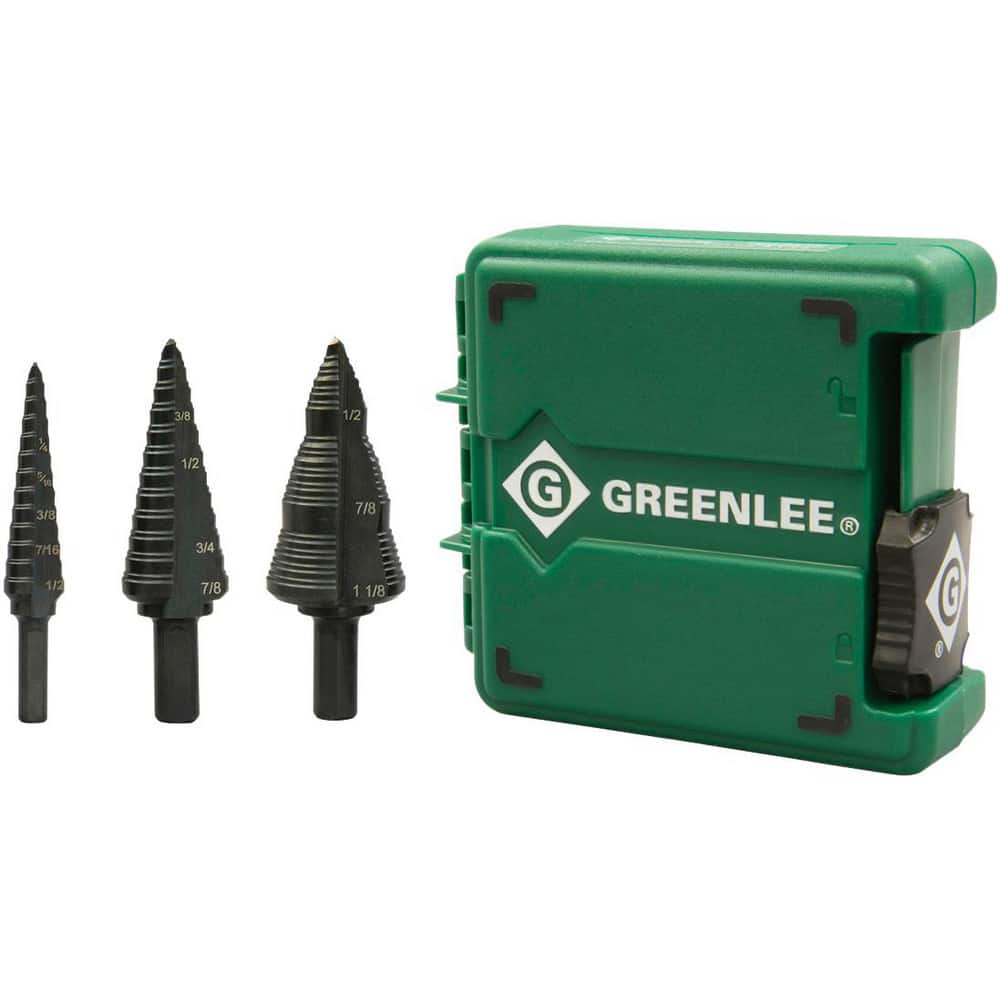 Greenlee GSBSET3 Drill Bit Set: Step Drill Bits, 3 Pc, 0.5" to 1.125" Drill Bit Size, 130 °, Steel 