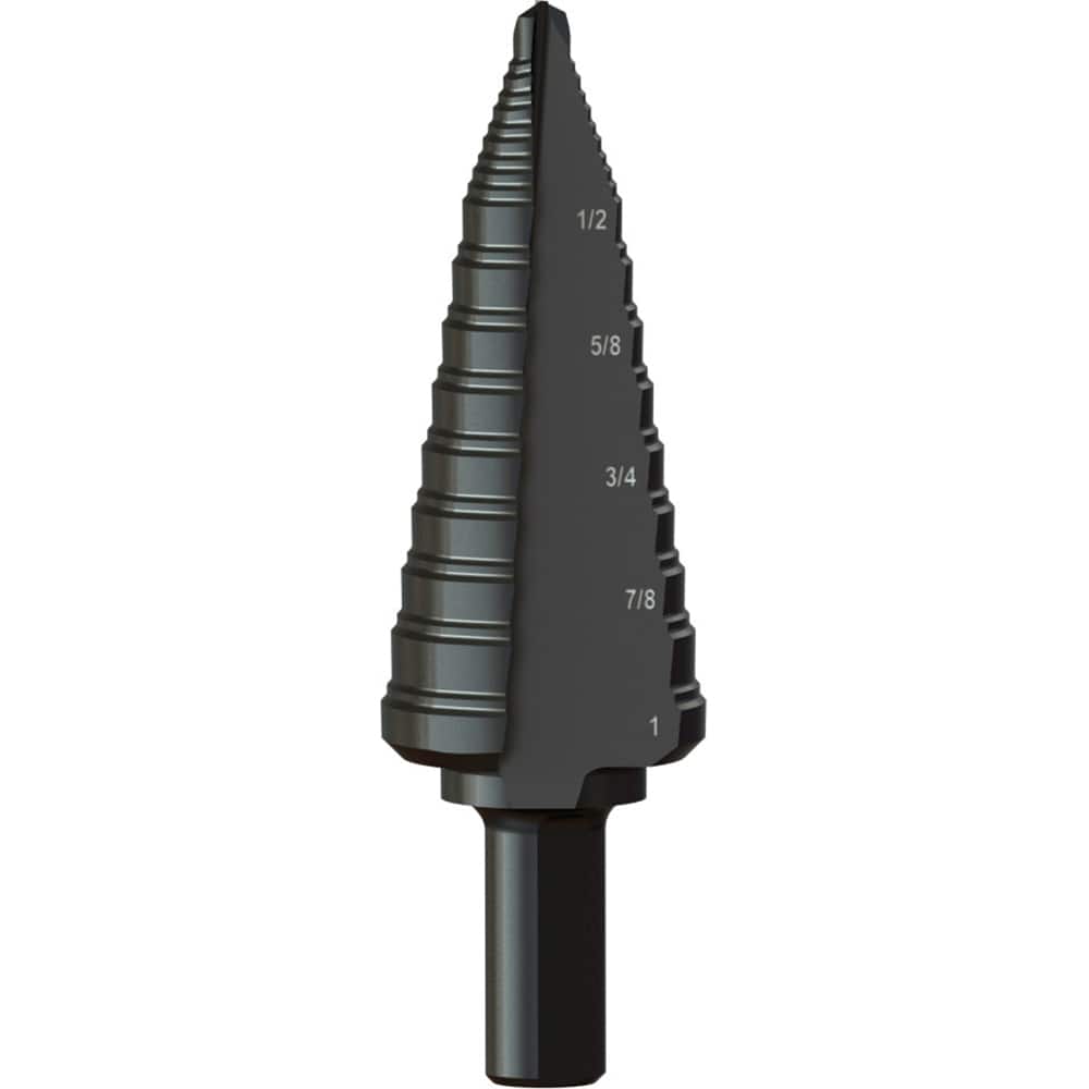 Greenlee GSB08 Step Drill Bits: 3/16" to 1" Hole Dia, 3/8" Shank Dia, Steel, 10 Hole Sizes 
