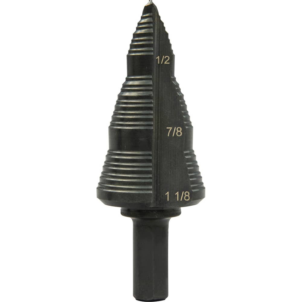 Greenlee GSB09 Step Drill Bits: 3/16" to 1-1/8" Hole Dia, 3/8" Shank Dia, Steel, 4 Hole Sizes 