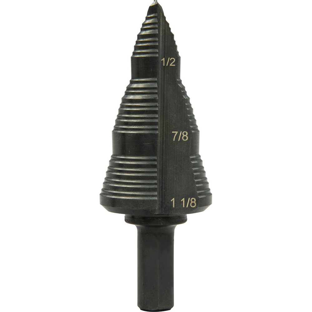 Step Drill Bit: 3/16" Min, 1-1/8" Max, 3/8" Shank Dia, Steel, 4 Hole Sizes - Steam Oxide Finish, 3-Flat Shank