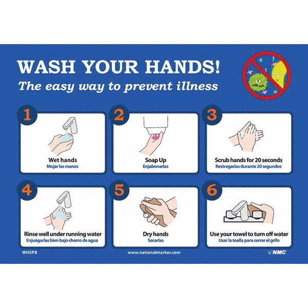 Restroom & Janitorial Sign & Housekeeping Sign Sign: Rectangle, Wash Your Hands!, WASH YOUR HANDS! The easy way to prevent illness - Plastic, Wall, 10" High, 14" Wide