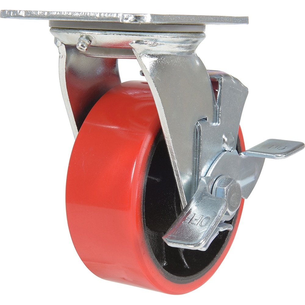 Standard Casters; With Brake, Mount: Holes; Bearing Type: Ball; Wheel Diameter (Inch): 5; Wheel Width (Inch): 2; Load Capacity (Lb. - 3 Decimals): 990.000; Wheel Material: Polyurethane; Wheel Color: Red; Overall Height (Inch): 6-1/2