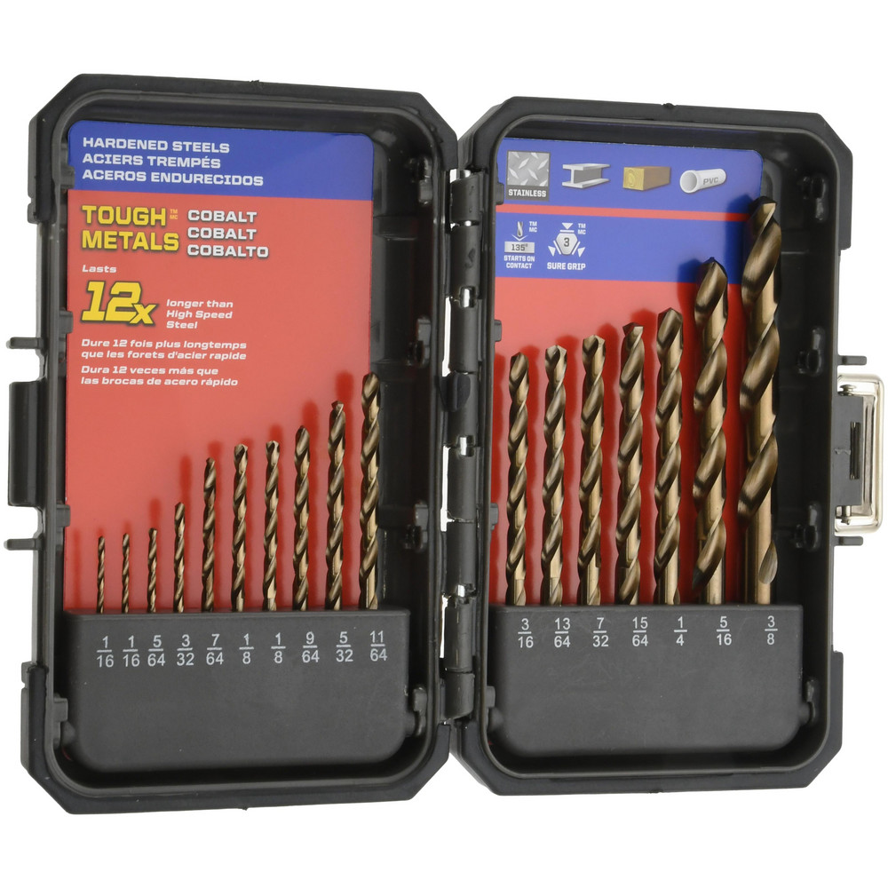 Drill Bit Set:  Jobber Length Drill Bits,  17 Pc,  0.0625" to  0.3750" Drill Bit Size,  135 deg, Cobalt - Bronze Oxide, Split Point, 3-Flat Shank