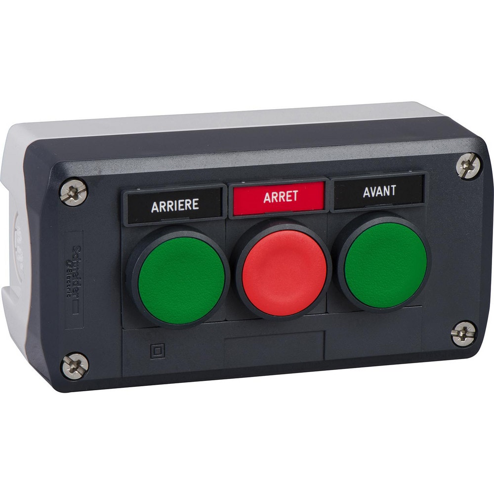 Pushbutton Control Stations; Control Station Type: Control Station ; Number of Operators: 3 ; Legend Markings: Forward; O; Reverse ; Switch Action: Spring Return ; Contact Configuration: 2NO/1NC ; Operator Type: Flush Push Button