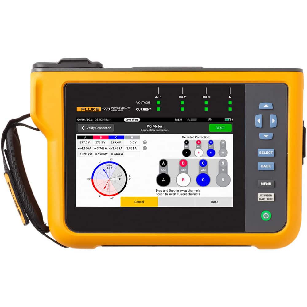 Fluke FLUKE-1773/BASI Power Meters; Number of Phases: 3; Maximum Current Capability (A): 6000; Minimum Current Capability (A): 2000; Current Channels: 4; Maximum Voltage: 600 V; Maximum Calibration Frequency (Hz): 60; Minimum Calibration Frequency (Hz): 50; Display Type: Digit 