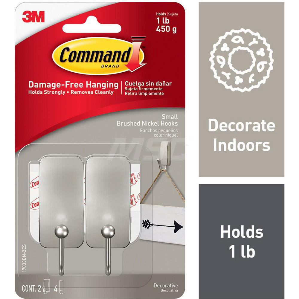 3M Storage Hook Adhesive Back Mount, 0.625" Projection, 1 lb Load Capacity, Metal MSC