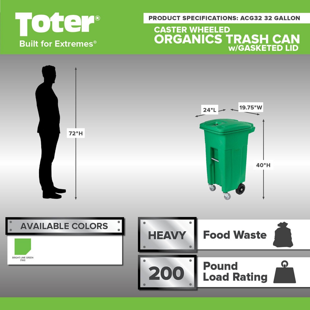 Toter 32 Gal. Lime Green Organics Trash Can with Wheels and Lid ACG32