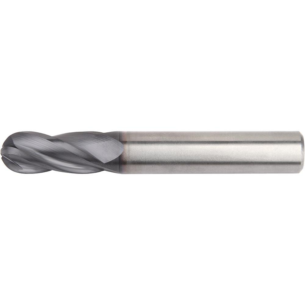 Ball End Mill: 5/32" Dia, 5/16" LOC, 4 Flute, Solid Carbide - 2" OAL, 3/16" Shank Dia, 30 deg Helix, TiAlN Finish, Single End, Series I4B