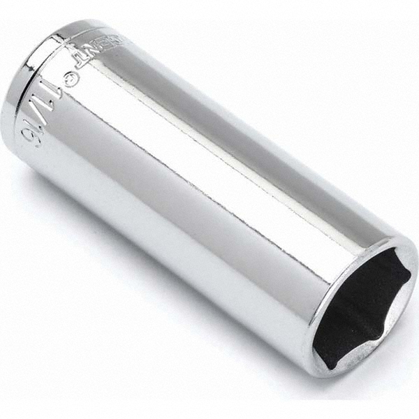 Deep  Hand Socket: 3/8" Drive, 11/16" Socket, 6-Point - 2-1/2" OAL, Nickel Chrome Plated Finish, Tether Capable