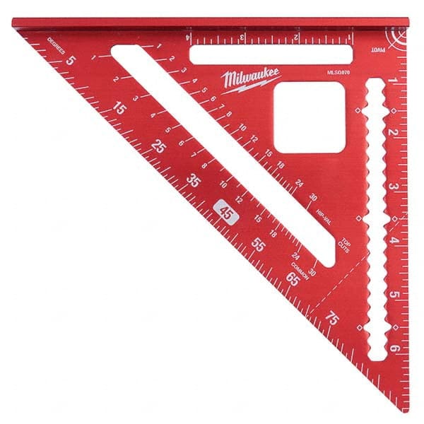 Rafter Squares; Type: Rafter Square ; Blade Length (Inch): 7 ; Base Length (Inch): 7 ; Graduation (mm): 0 to 900; 0.1250 in ; Graduation (Inch): 0 to 900; 0.1250 in; 1/8 ; Graduation (Degrees): 0 to 900; 0.1250 in; 0 to 90