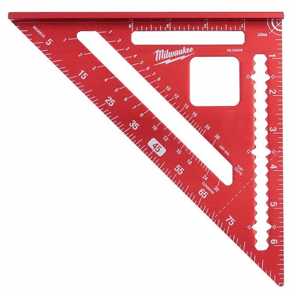 Rafter Squares; Type: Rafter Square ; Blade Length (Inch): 7 ; Base Length (Inch): 7 ; Graduation (mm): 0 to 900; 0.1250 in ; Graduation (Inch): 0 to 900; 0.1250 in; 1/8 ; Graduation (Degrees): 0 to 900; 0.1250 in; 0 to 90