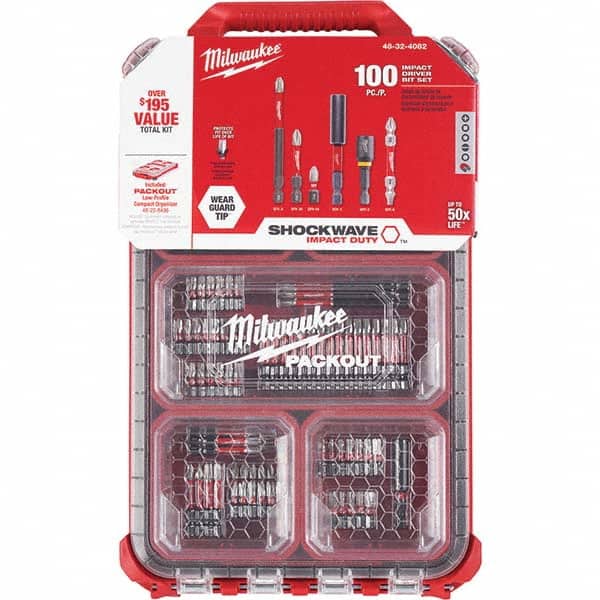 Milwaukee Tool 48-32-4082 Power & Impact Screwdriver Bit Sets; Set Type: Driver Bit; Material: Steel; Measurement Type: Inch; Includes: (10) 1" Square Bits: #1, #2, #3;(12) 1" Phillips Bits: #1, #2, #3;(20) 1" Torx Bits: T10, T15, T20, T25, T27, T30;(5) Slotted Bits: 1/4, 1/6, 1/8 