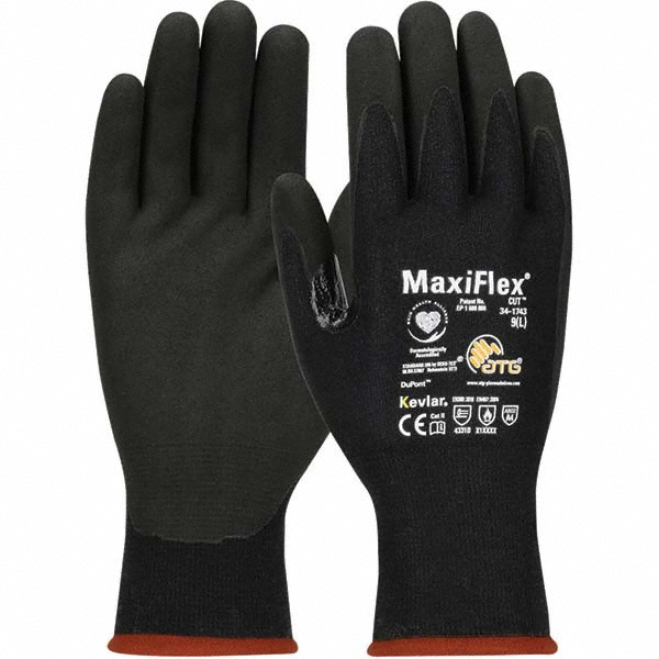Cut, Puncture & Abrasion-Resistant Gloves: MaxiFlex Cut 34-1743, Cut A4, Puncture 1, Abrasion 3, 15 ga, Size Medium - Kevlar, Polyester & Nylon, Nitrile-Coated, Palm & Fingers Coating, MicroFoam Grip, Black on Black Pair
