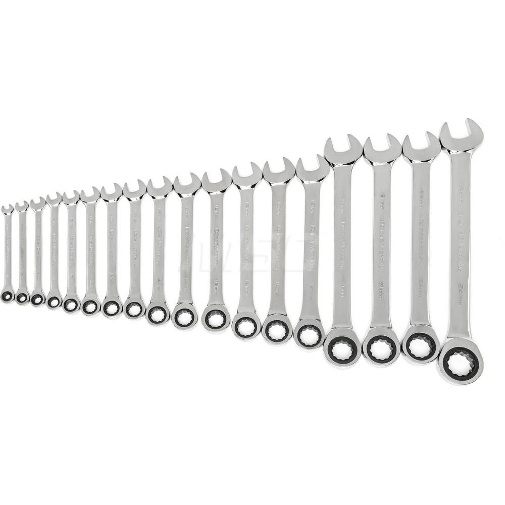 Combination Wrench Set: 18 Pc, 6 to 24 mm Wrench, Metric - Chrome Finish, Ratcheting