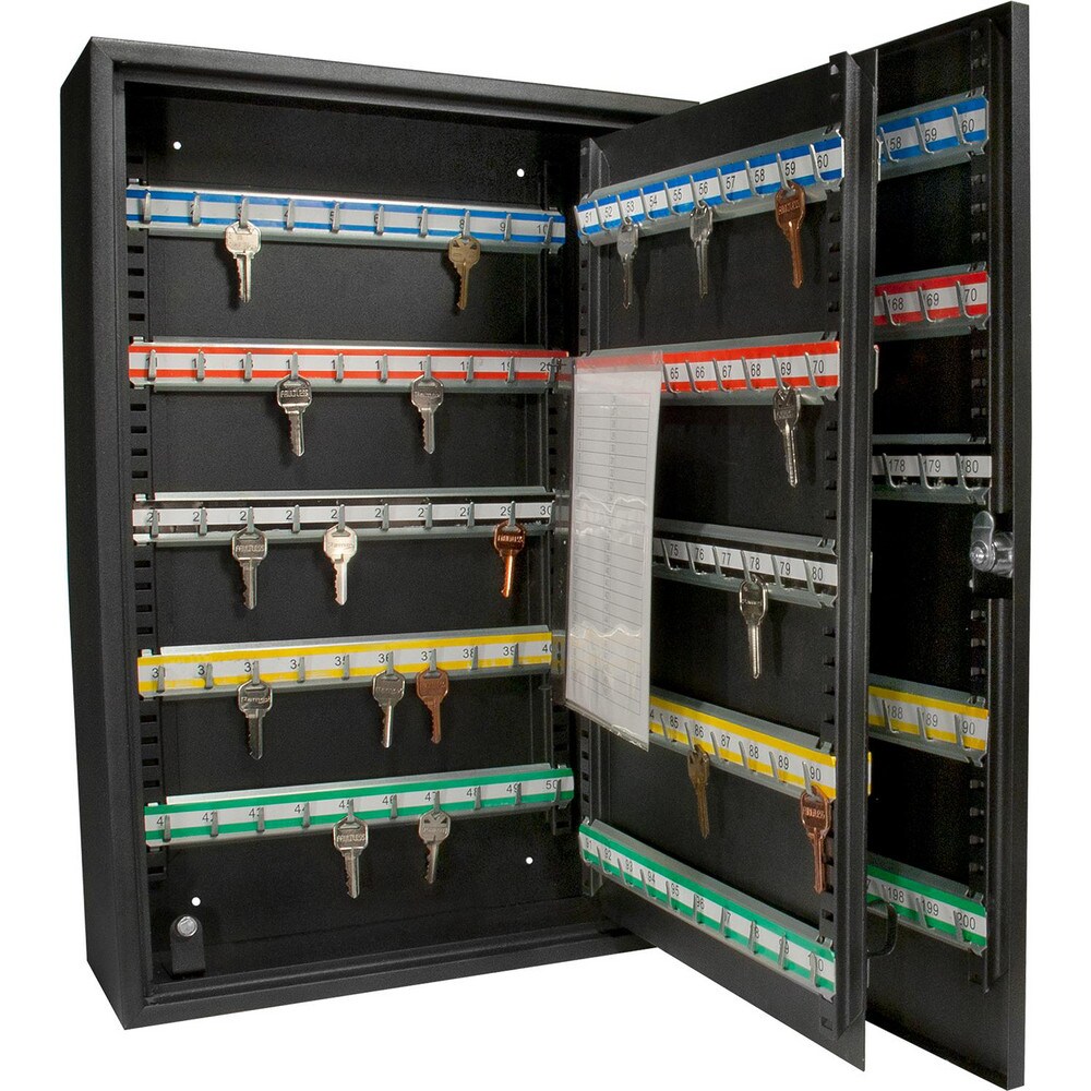 Key Control; Type: Key Storage Cabinet ; Number of Keys: 200 ; Material: Steel ; Color: Black ; Opens With: Key ; Height (Inch): 21.75