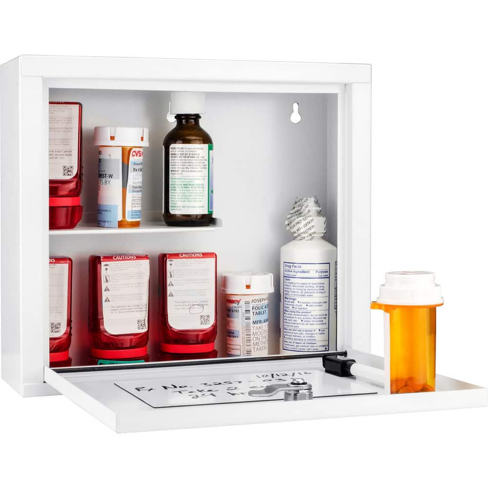 Empty First Aid Cabinets & Cases; Product Type: Medical Cabinet ; Mount Type: Wall Mount ; Number of Shelves: 1 ; Includes: Fold Down Door/Tray; Dry Erase Marker & Magnet Pad; Internal Shelf; (4) Medical Stickers; Mounting Hardware; Lock Box Keys