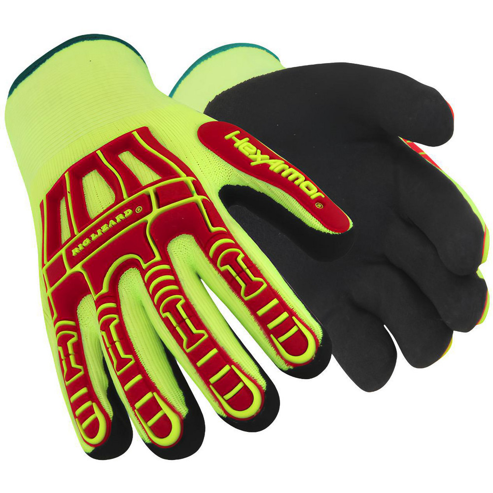 Cut, Puncture & Abrasion-Resistant Gloves: HexArmor® 2091, Cut A6, Puncture 4, Abrasion 4, 13 ga, Size X-Small, 9-1/4" Long - Acrylic, Nitrile-Coated, Palm & Fingertips Coating, Smooth Grip, Black on High-Visibility Yellow<multisep/>Red Pair