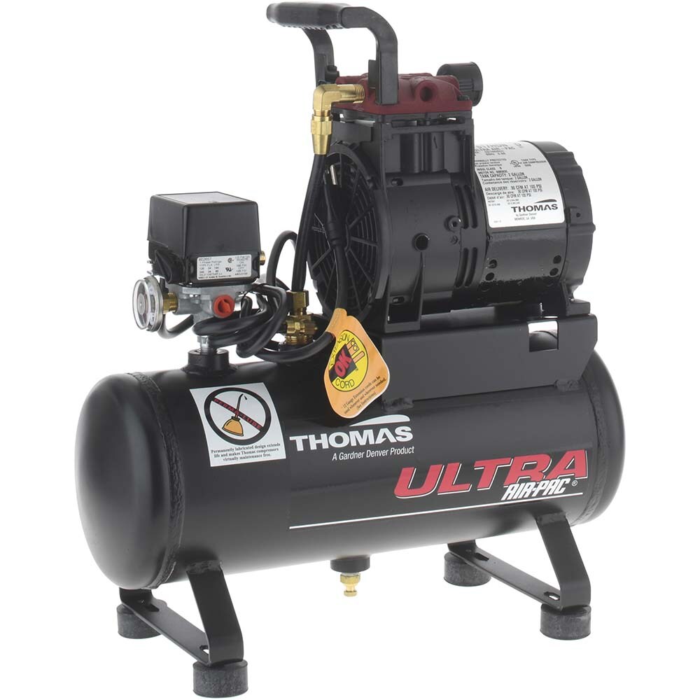 Portable Electric Air Compressors; Horsepower: 1-1/2 @ 115 VAC ; CFM: 1.70 ; Tank Capacity: 2.0 Gal. ; Configuration: Hot Dog; Pancake; Twin Stack ; Maximum Working Pressure (psi): 100.000 ; Voltage: 115 VAC