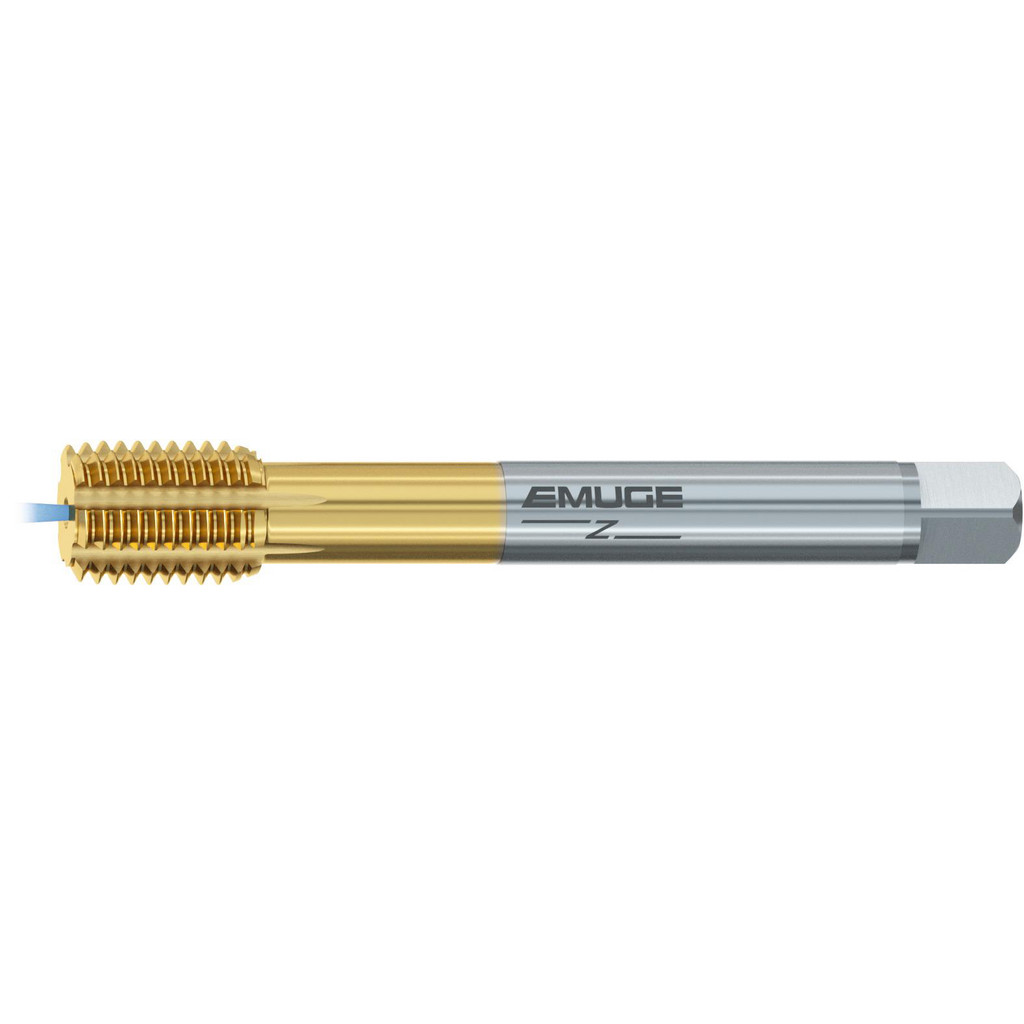 Emuge Thread Forming Tap: 7/16-14 UNC, 2BX Class of Fit, Bottoming Chamfer, High-Speed Steel-E-PM, TiN-80 Finish - 18.00 mm Thread Length, 100.00 mm