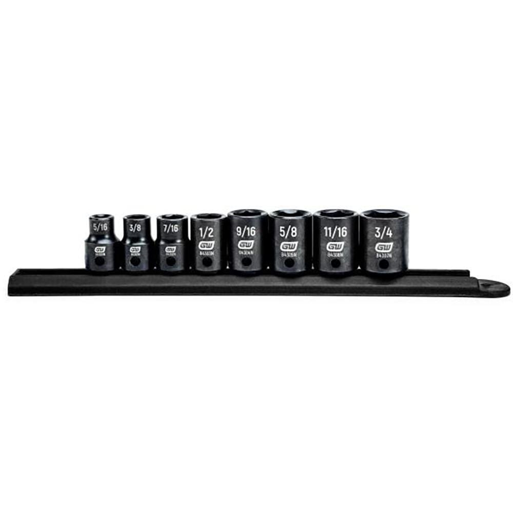 Impact Socket Set: 8 Pc, 3/8 mm Drive, 5/16 to 3/4" Socket