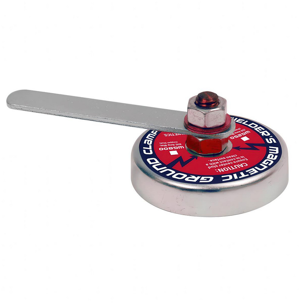 250 Amps Grounding Capacity, 3-1/2" Dia, 2-1/4" High, 35 Lb Max Pull Force, Rare Earth Magnetic Welding & Fabrication Ground Clamp - 55 Lb Average Pull Force, Round Cup Magnet, Brass Stud, Compatible with Flat Surface