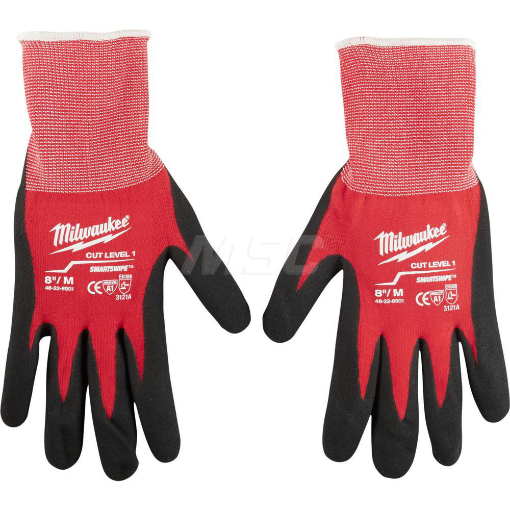 Cut-Resistant Gloves: Milwaukee 48-22, Cut A1, Puncture 0, Abrasion 0, 13 ga, Size Medium - Nylon, Nitrile-Coated, Palm & Fingers Coating, Textured Grip, Black on Red Pair