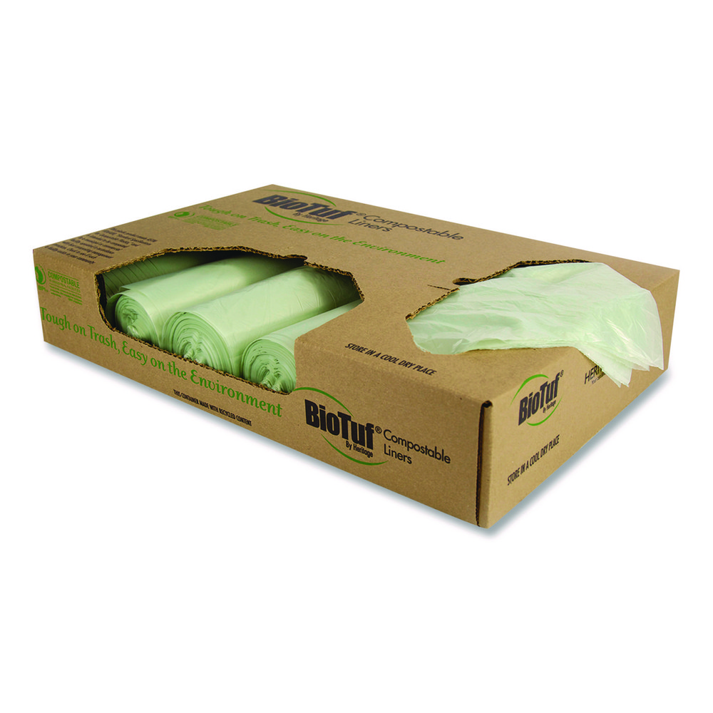 Heritage Biotuf Compostable Medium Duty Trash Bags: 45.000 gal, 0.9 mil, Pack of 100 - 40" Wide, Coreless Roll, Green