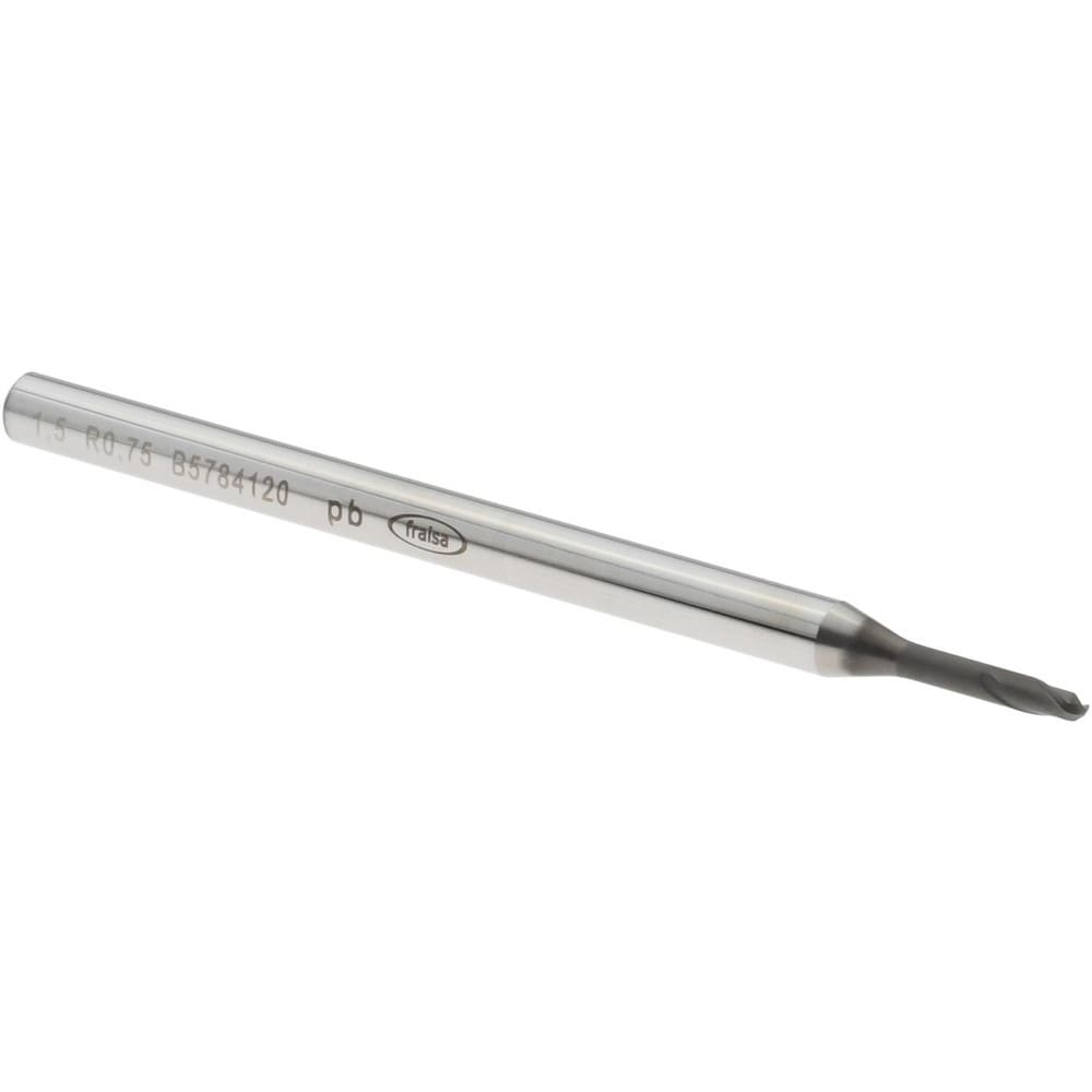 Ball End Mill: 1.50 mm Dia, 1.80 mm LOC, 2 Flute, Solid Carbide