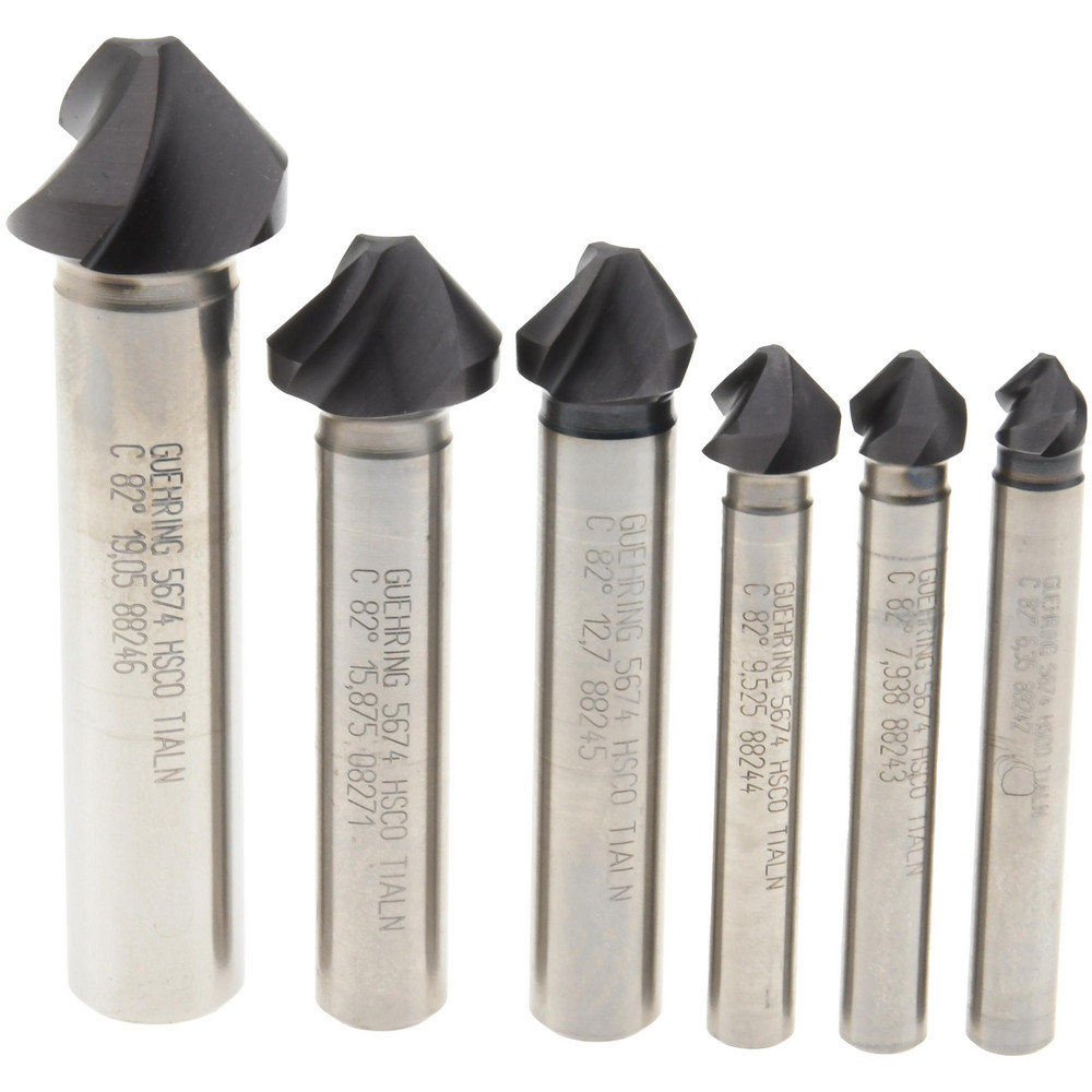 Guhring Countersink Set 6 Pc, 1/4 to 3/4" Head Dia, 3 Flute, 82