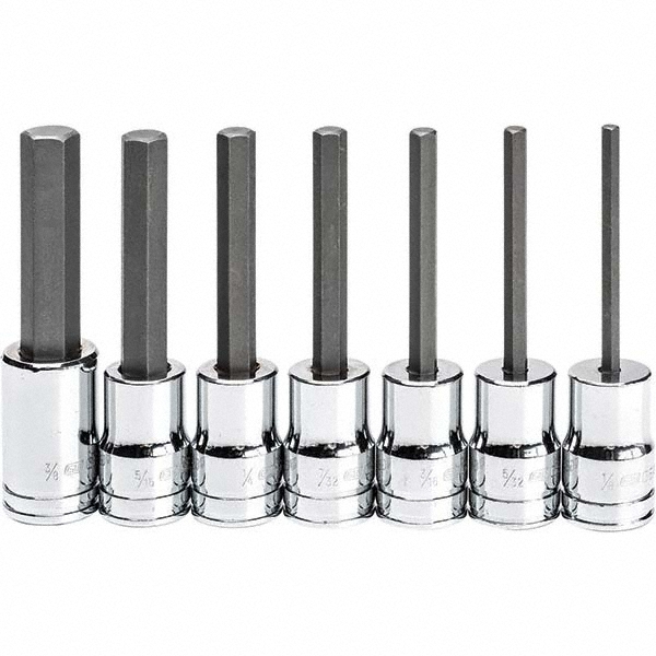 Hex Bit Socket Set: 3/8" Drive, 7 Pc, 1/8 to 3/8" Hex - 1/8, 5/32, 3/16, 7/32, 1/4, 5/16, 3/8 for 3/8 Drive