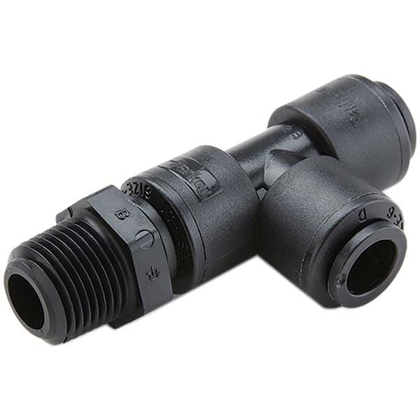 Push-To-Connect Tube Fitting: Male Swivel Run Tee, 1/4" Thread, 1/4" OD