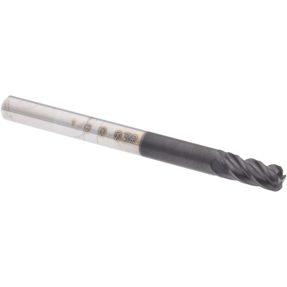 Corner Radius End Mill: 1/8" Dia, 1/4" LOC, 0.03" Radius, 4 Flutes, Solid Carbide