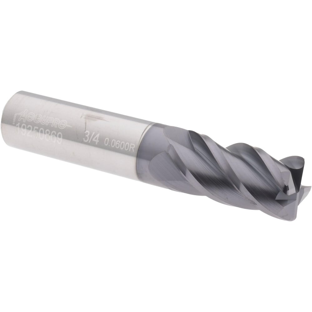 Corner Radius End Mill: 3/4" Dia, 1-1/2" LOC, 0.06" Radius, 4 Flutes, Solid Carbide
