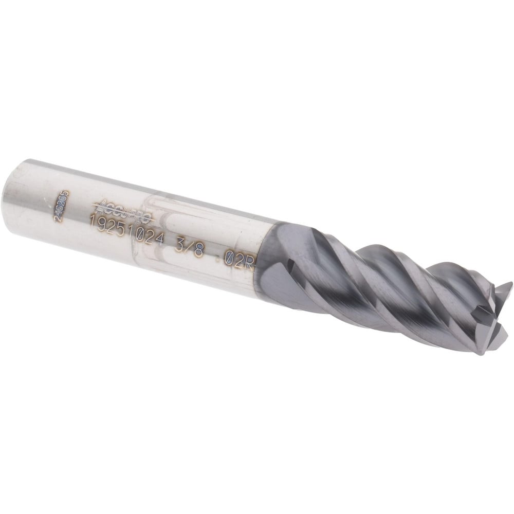 Accupro 14556412 Corner Radius End Mill: 3/8" Dia, 7/8" LOC, 0.02" Radius, 4 Flutes, Solid Carbide 