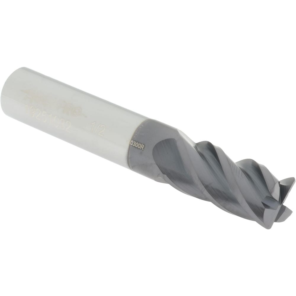 Corner Radius End Mill: 1/2" Dia, 1" LOC, 0.03" Radius, 4 Flutes, Solid Carbide