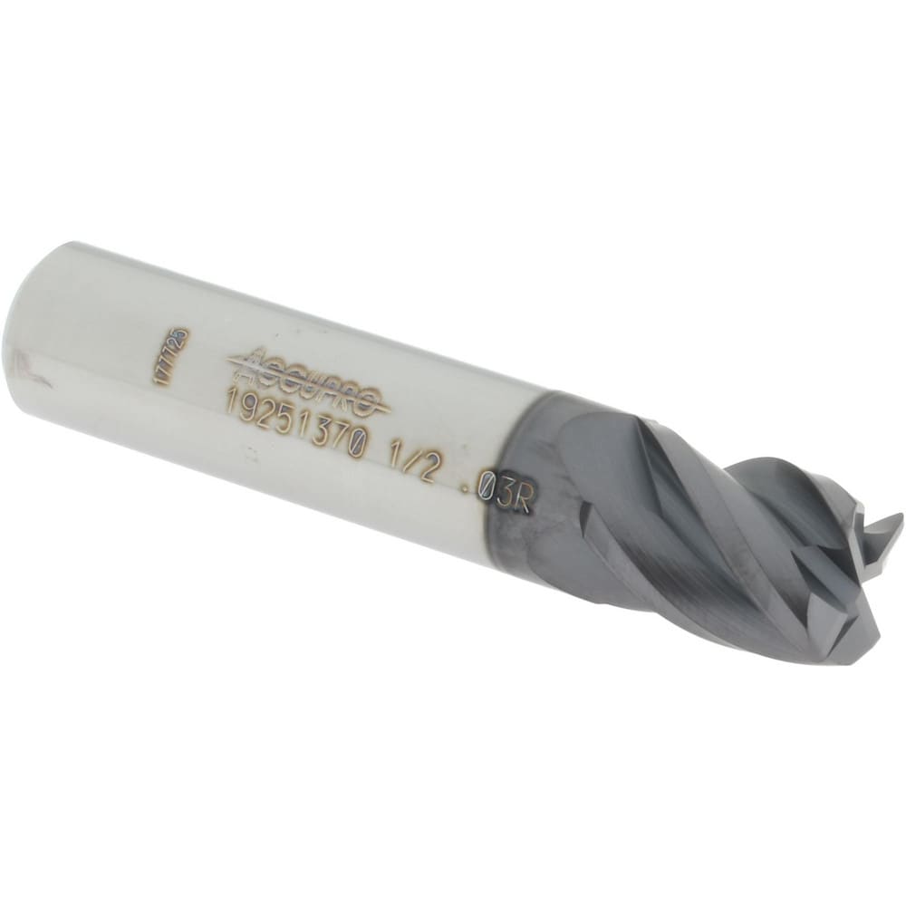 Corner Radius End Mill: 1/2" Dia, 5/8" LOC, 0.03" Radius, 4 Flutes, Solid Carbide