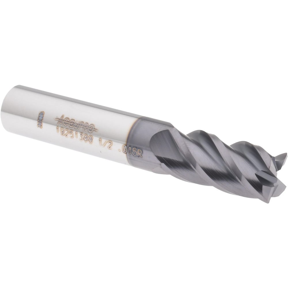 Corner Radius End Mill: 1/2" Dia, 1" LOC, 0.015" Radius, 4 Flutes, Solid Carbide
