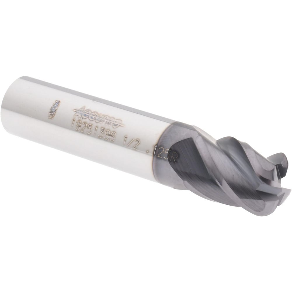 Corner Radius End Mill: 1/2" Dia, 5/8" LOC, 1/8" Radius, 4 Flutes, Solid Carbide