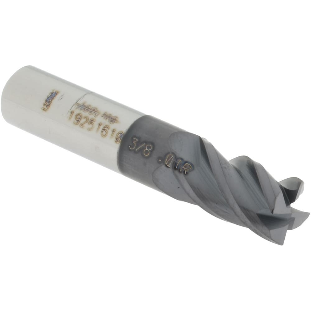 Corner Radius End Mill: 3/8" Dia, 5/8" LOC, 0.01" Radius, 4 Flutes, Solid Carbide