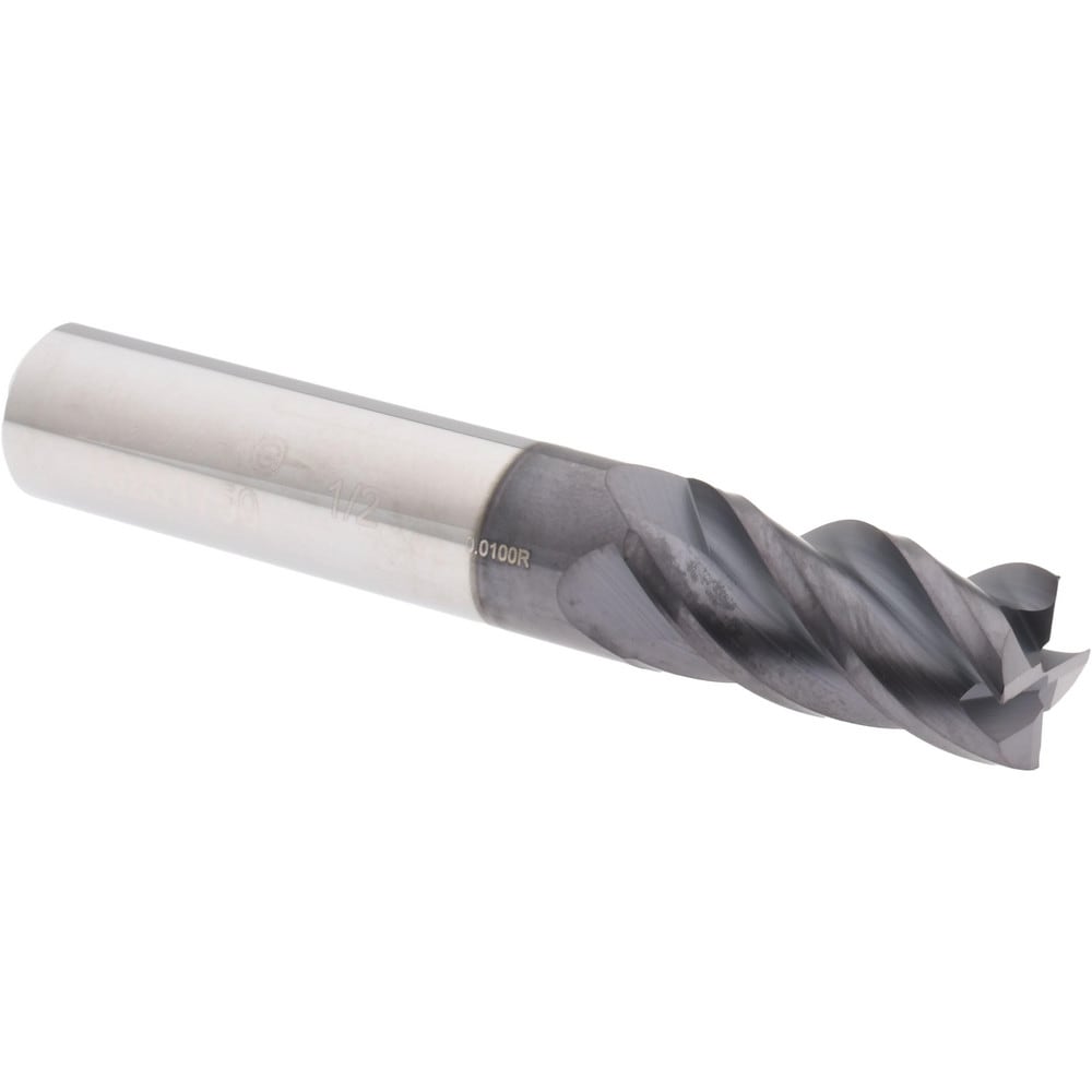 Corner Radius End Mill: 1/2" Dia, 1" LOC, 0.01" Radius, 4 Flutes, Solid Carbide
