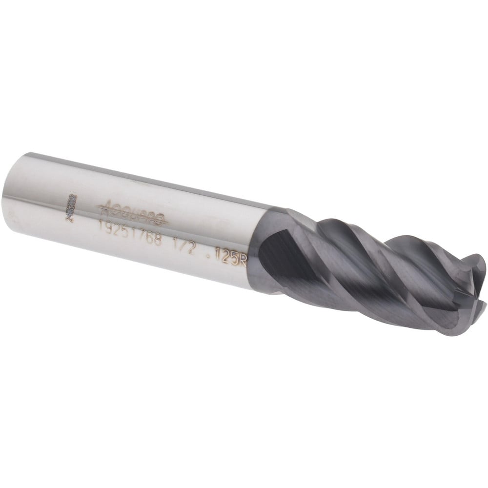 Corner Radius End Mill: 1/2" Dia, 1" LOC, 1/8" Radius, 4 Flutes, Solid Carbide
