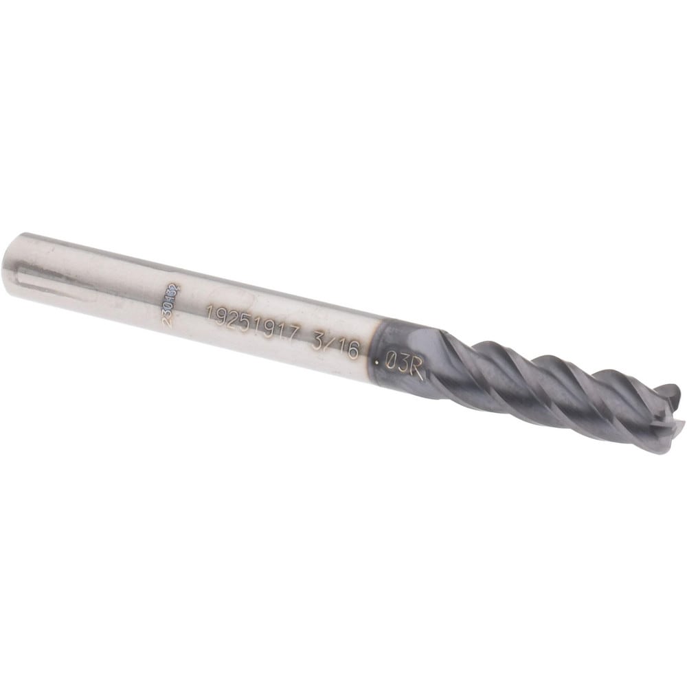 Accupro 14556368 Corner Radius End Mill: 3/16" Dia, 5/8" LOC, 0.03" Radius, 4 Flutes, Solid Carbide Image