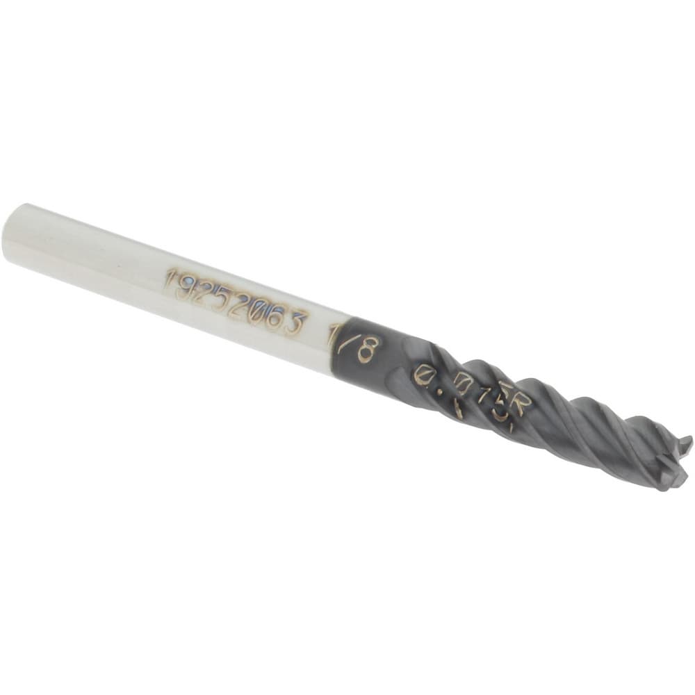 Corner Radius End Mill: 1/8" Dia, 1/2" LOC, 0.015" Radius, 4 Flutes, Solid Carbide