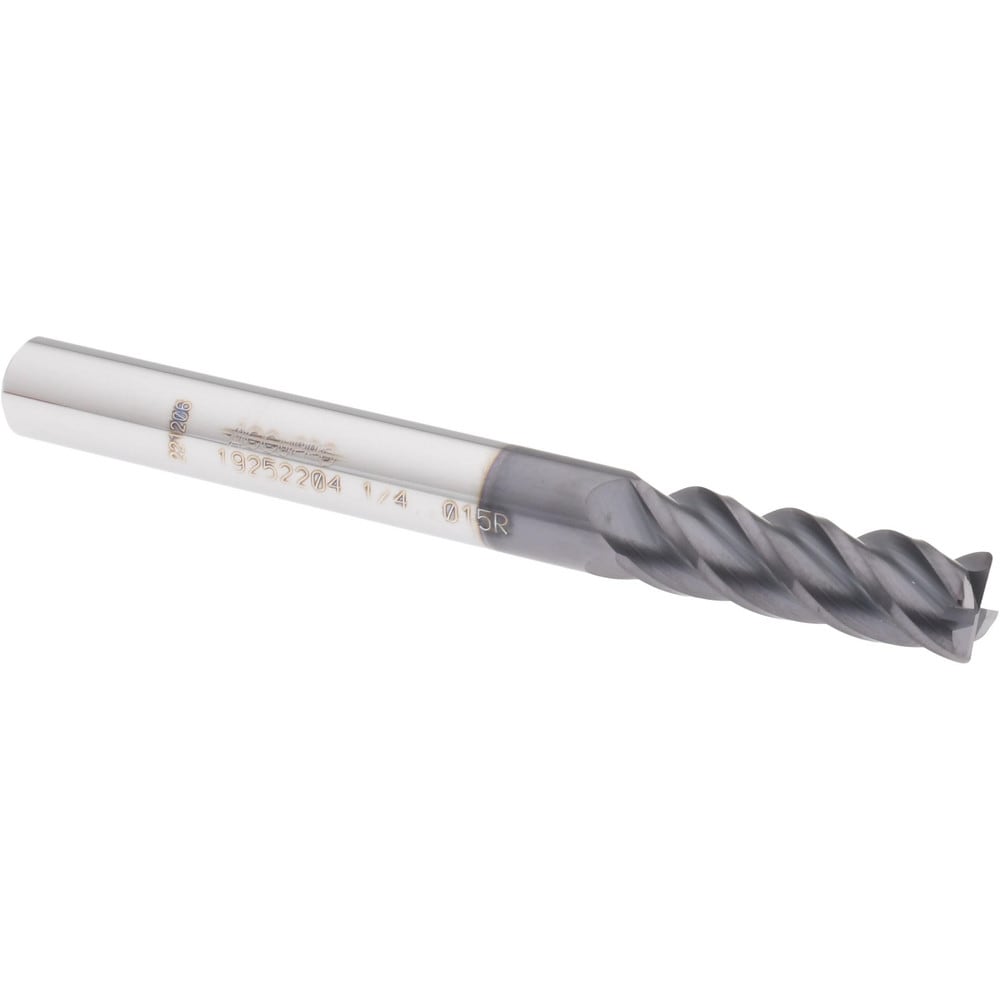 Corner Radius End Mill: 1/4" Dia, 3/4" LOC, 0.015" Radius, 4 Flutes, Solid Carbide
