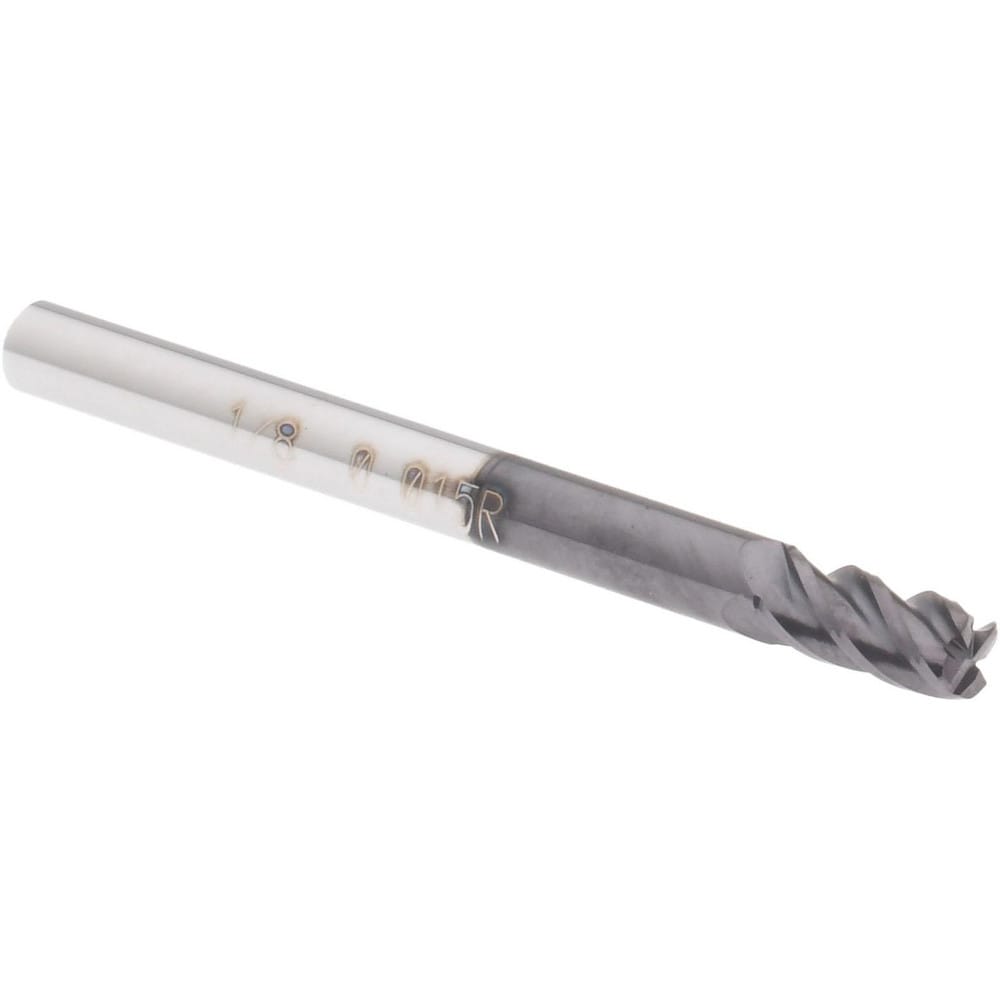 Corner Radius End Mill: 1/8" Dia, 1/4" LOC, 0.015" Radius, 4 Flutes, Solid Carbide