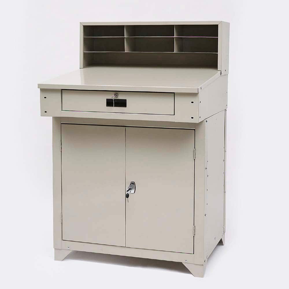 Stationary Shop Desks; Type: Shop Desk - Closed ; Color: Beige ; Additional Information: Adjustable Lower Shelf; Enclosed Lower Storage Cabinet: 29-1/2 in W x 22-1/2 in D x 25-1/2 in H ; Ship Weight: 145 ; Number Of Drawers: 1 ; Product Service Code: 7110