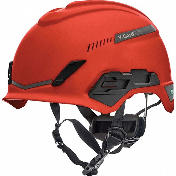 Hard Hat: Class C, 4-Point Suspension - Red, Polyethylene, Vented, Slotted